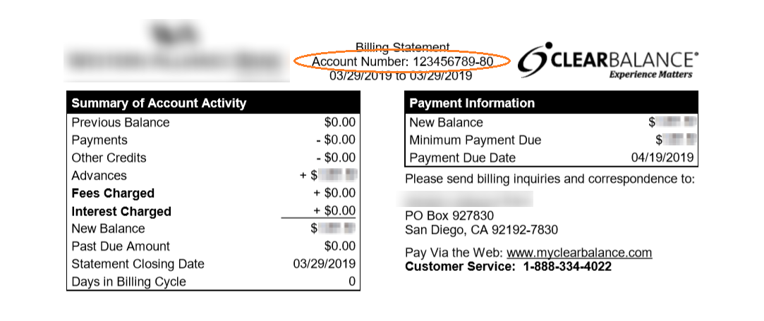 Sample ClearBalance Billing Statement with Account Number circled in orange.